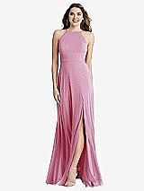 Front View Thumbnail - Powder Pink High Neck Chiffon Maxi Dress with Front Slit - Lela