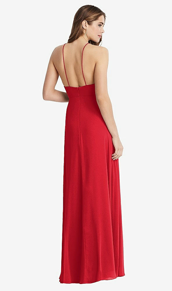Back View - Parisian Red High Neck Chiffon Maxi Dress with Front Slit - Lela
