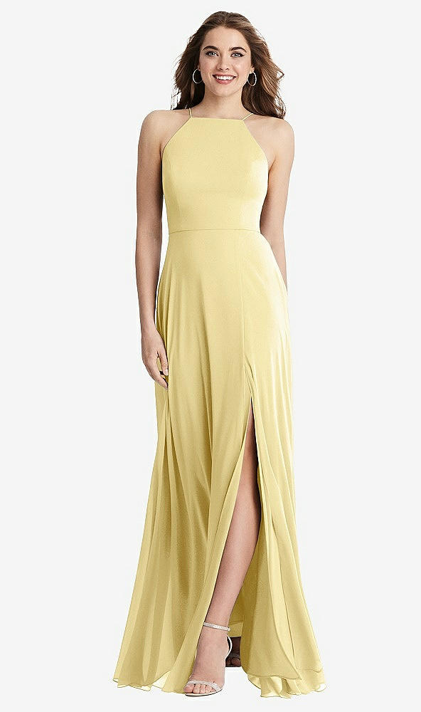 Front View - Pale Yellow High Neck Chiffon Maxi Dress with Front Slit - Lela
