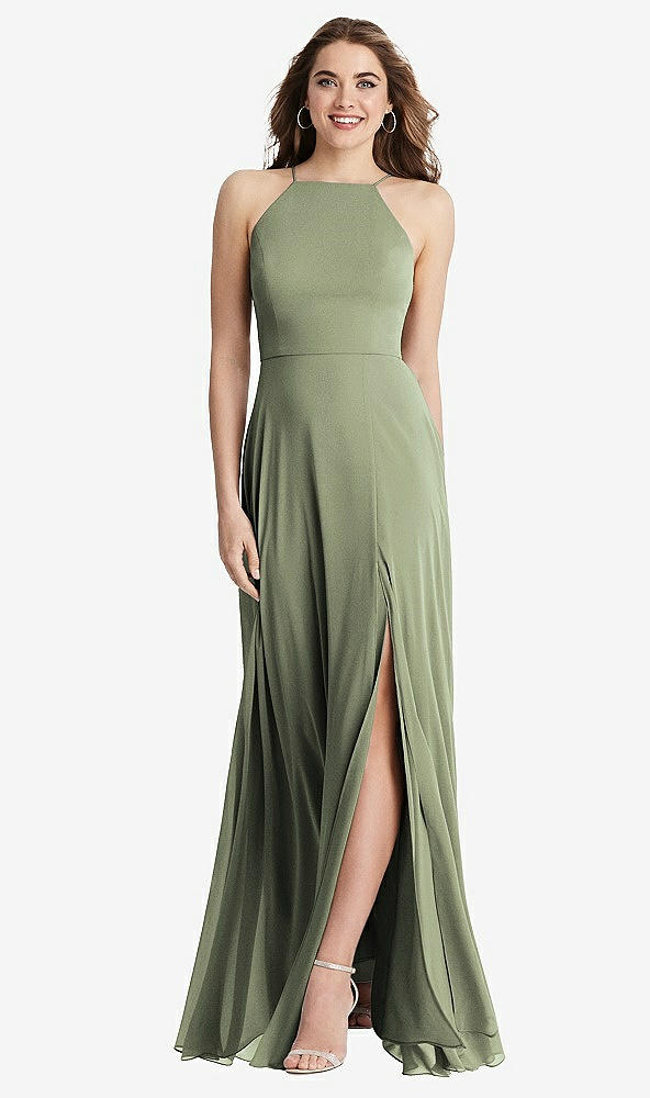 Front View - Sage High Neck Chiffon Maxi Dress with Front Slit - Lela