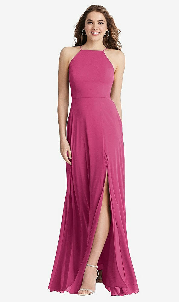 Front View - Tea Rose High Neck Chiffon Maxi Dress with Front Slit - Lela