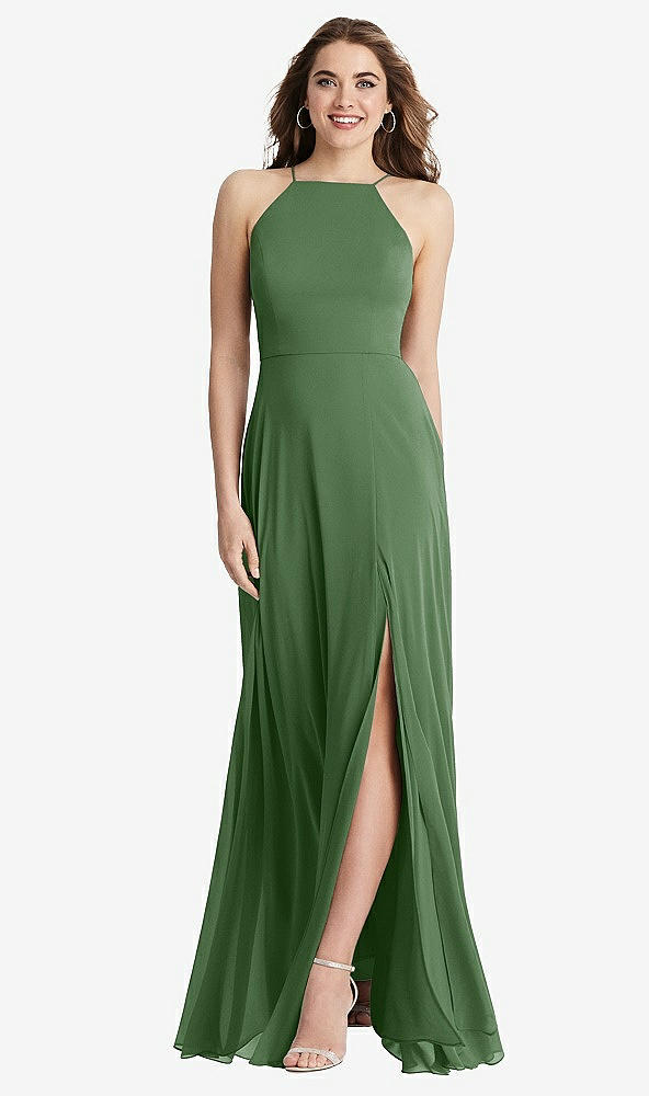 Front View - Vineyard Green High Neck Chiffon Maxi Dress with Front Slit - Lela