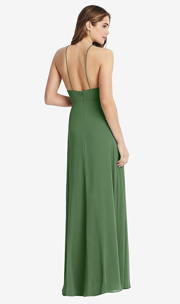 Back View - Vineyard Green High Neck Chiffon Maxi Dress with Front Slit - Lela