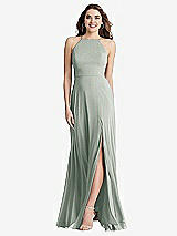 Front View Thumbnail - Willow Green High Neck Chiffon Maxi Dress with Front Slit - Lela