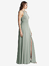Side View Thumbnail - Willow Green High Neck Chiffon Maxi Dress with Front Slit - Lela