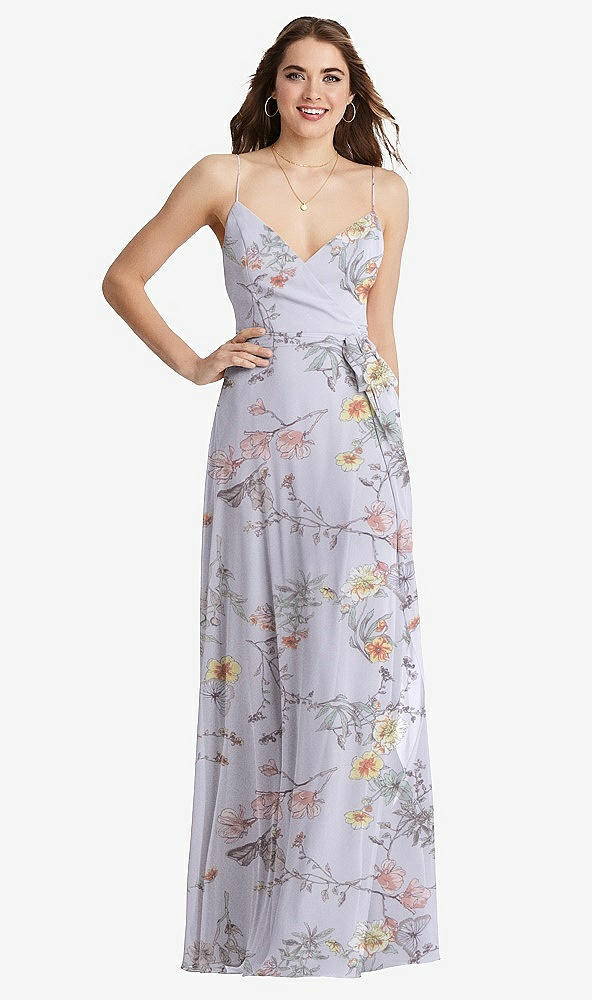 Front View - Butterfly Botanica Silver Dove Chiffon Maxi Wrap Dress with Sash - Cora