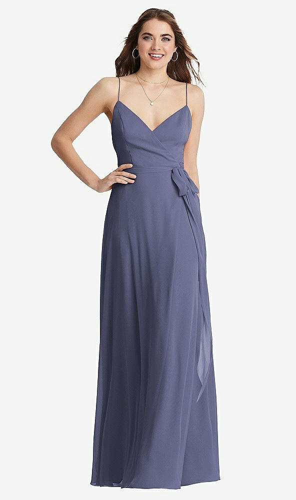 Front View - French Blue Chiffon Maxi Wrap Dress with Sash - Cora