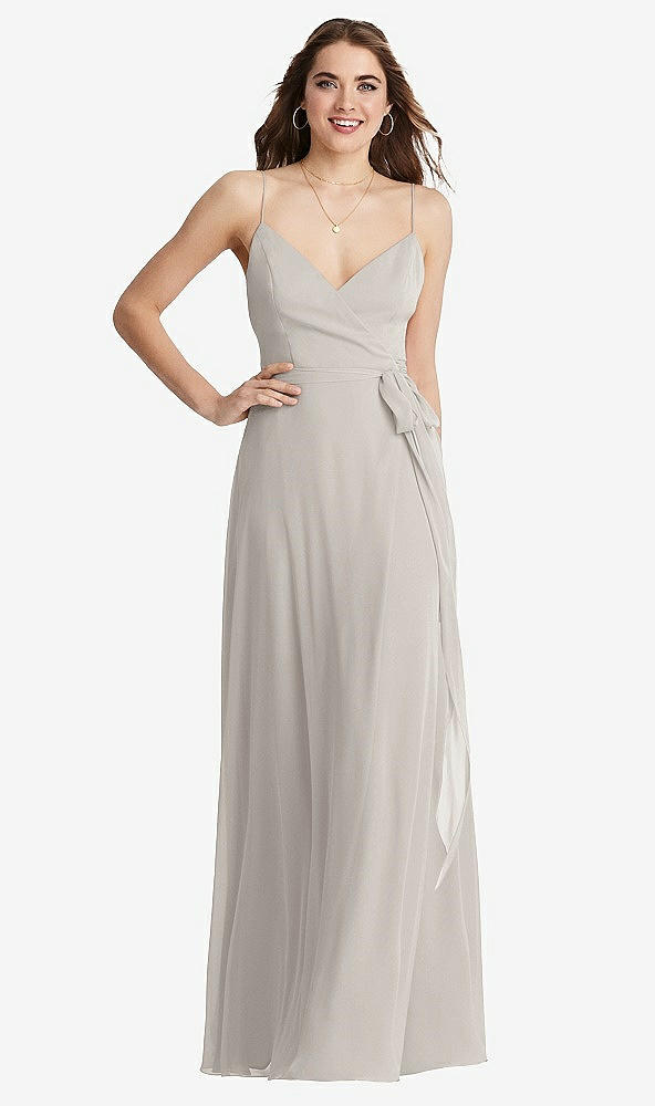 Front View - Oyster Chiffon Maxi Wrap Dress with Sash - Cora