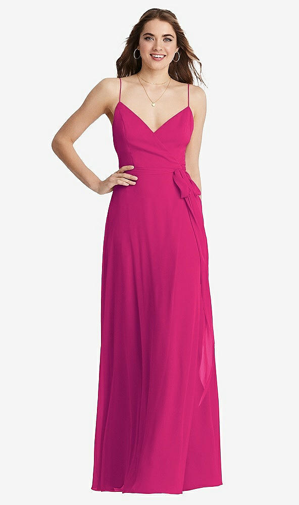 Front View - Think Pink Chiffon Maxi Wrap Dress with Sash - Cora