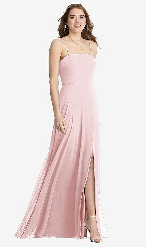 Front View - Ballet Pink Square Neck Chiffon Maxi Dress with Front Slit - Elliott