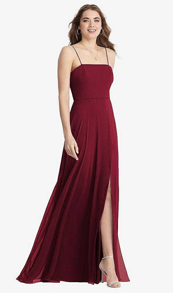 Front View - Burgundy Square Neck Chiffon Maxi Dress with Front Slit - Elliott
