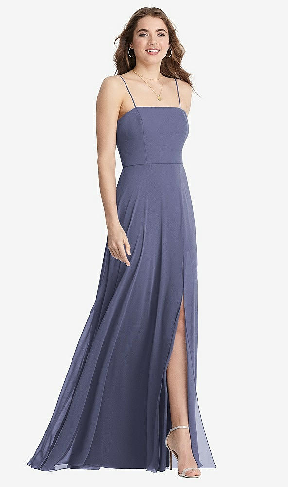 Front View - French Blue Square Neck Chiffon Maxi Dress with Front Slit - Elliott