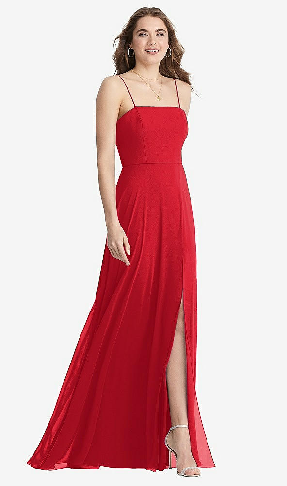 Front View - Parisian Red Square Neck Chiffon Maxi Dress with Front Slit - Elliott