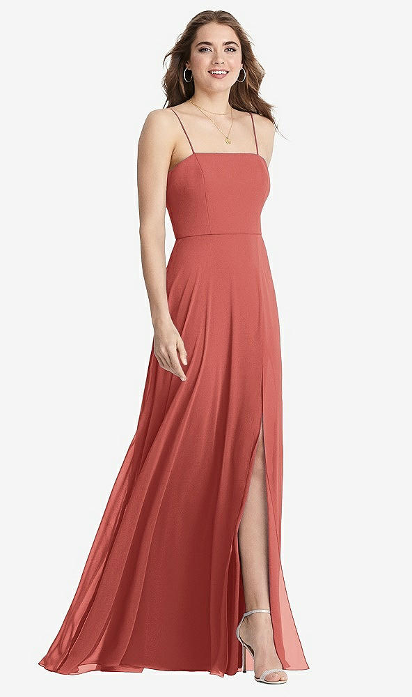 Front View - Coral Pink Square Neck Chiffon Maxi Dress with Front Slit - Elliott