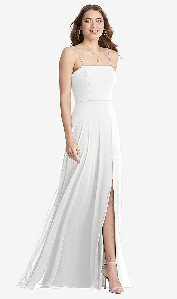 Front View - White Square Neck Chiffon Maxi Dress with Front Slit - Elliott