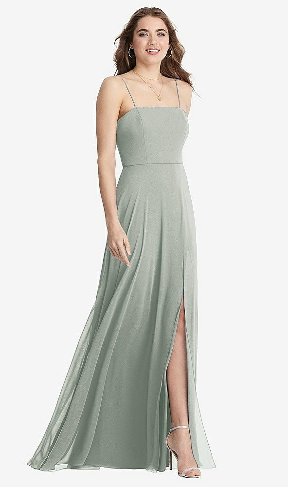 Front View - Willow Green Square Neck Chiffon Maxi Dress with Front Slit - Elliott