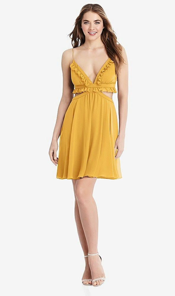 Front View - NYC Yellow Ruffled Chiffon Cutout Mini Dress - Joey