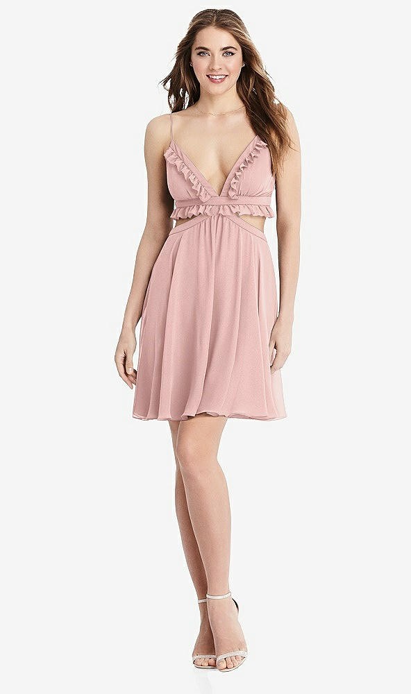 Front View - Rose - PANTONE Rose Quartz Ruffled Chiffon Cutout Mini Dress - Joey