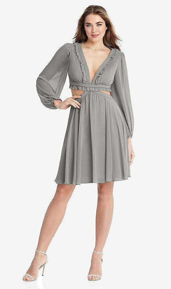Front View - Chelsea Gray Bishop Sleeve Ruffled Chiffon Cutout Mini Dress - Hannah