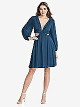 Front View Thumbnail - Dusk Blue Bishop Sleeve Ruffled Chiffon Cutout Mini Dress - Hannah