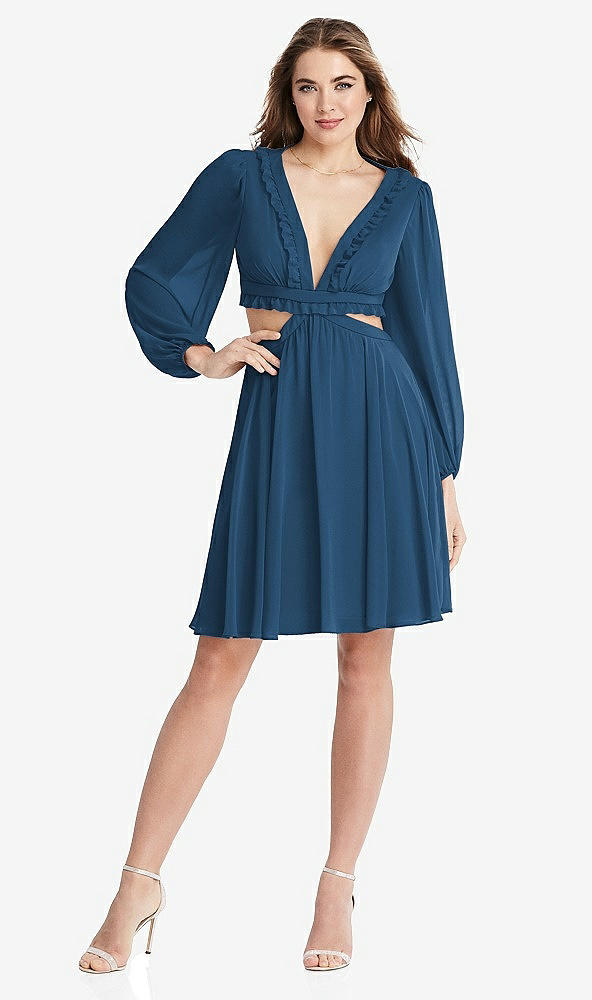 Front View - Dusk Blue Bishop Sleeve Ruffled Chiffon Cutout Mini Dress - Hannah