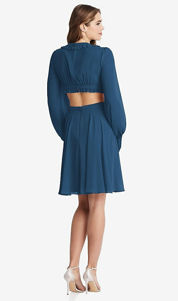 Back View - Dusk Blue Bishop Sleeve Ruffled Chiffon Cutout Mini Dress - Hannah
