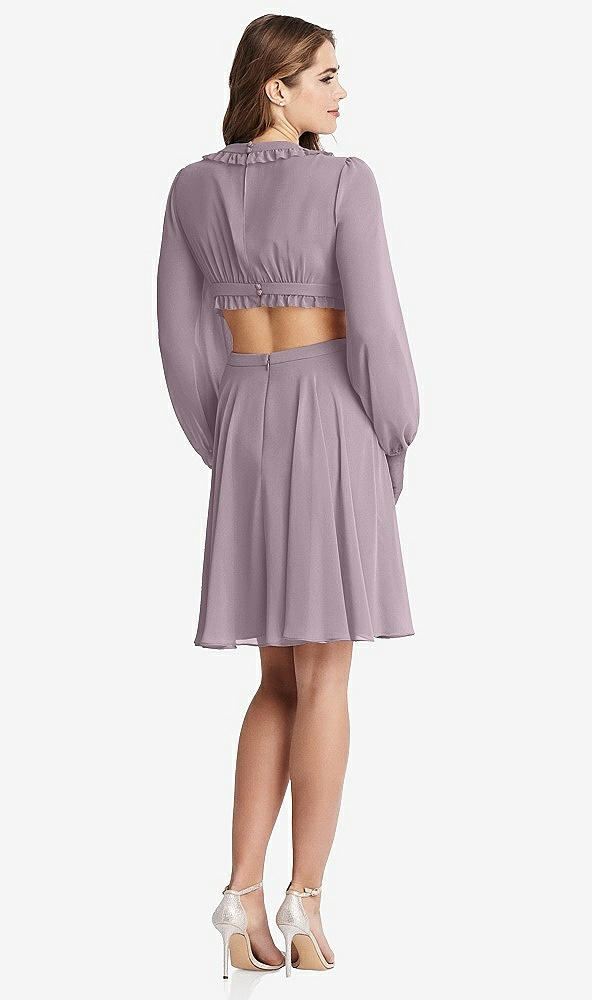 Back View - Lilac Dusk Bishop Sleeve Ruffled Chiffon Cutout Mini Dress - Hannah