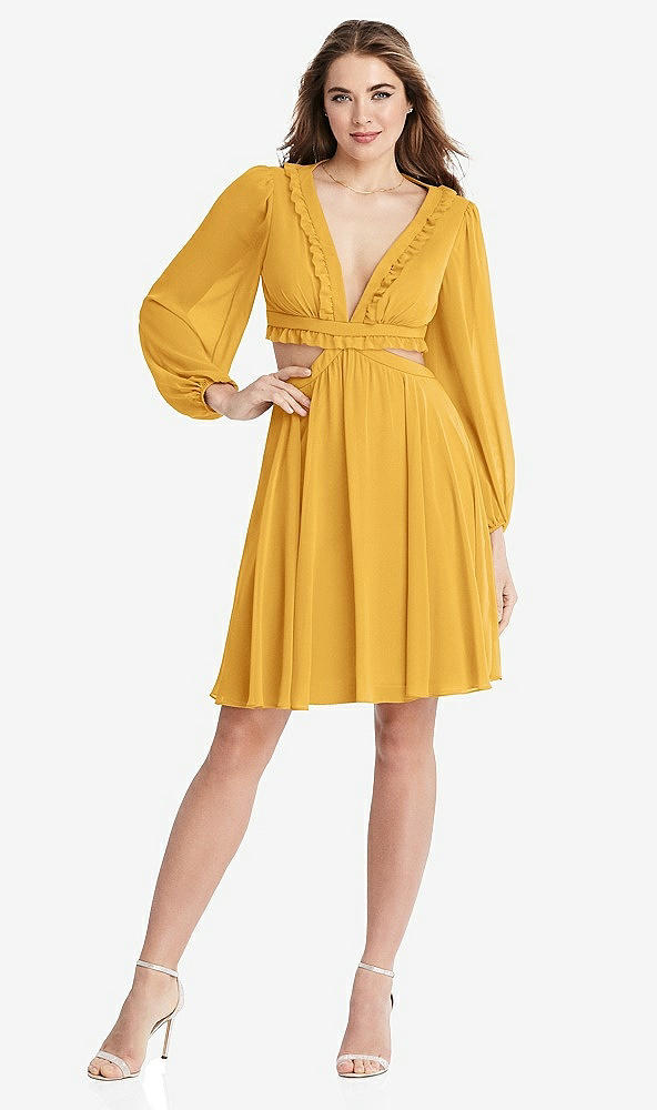 Front View - NYC Yellow Bishop Sleeve Ruffled Chiffon Cutout Mini Dress - Hannah