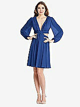 Alt View 1 Thumbnail - Classic Blue Bishop Sleeve Ruffled Chiffon Cutout Mini Dress - Hannah