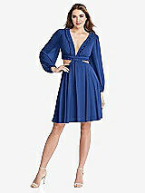 Front View Thumbnail - Classic Blue Bishop Sleeve Ruffled Chiffon Cutout Mini Dress - Hannah