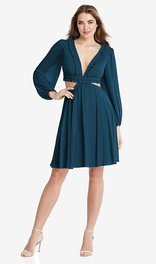 Front View - Atlantic Blue Bishop Sleeve Ruffled Chiffon Cutout Mini Dress - Hannah
