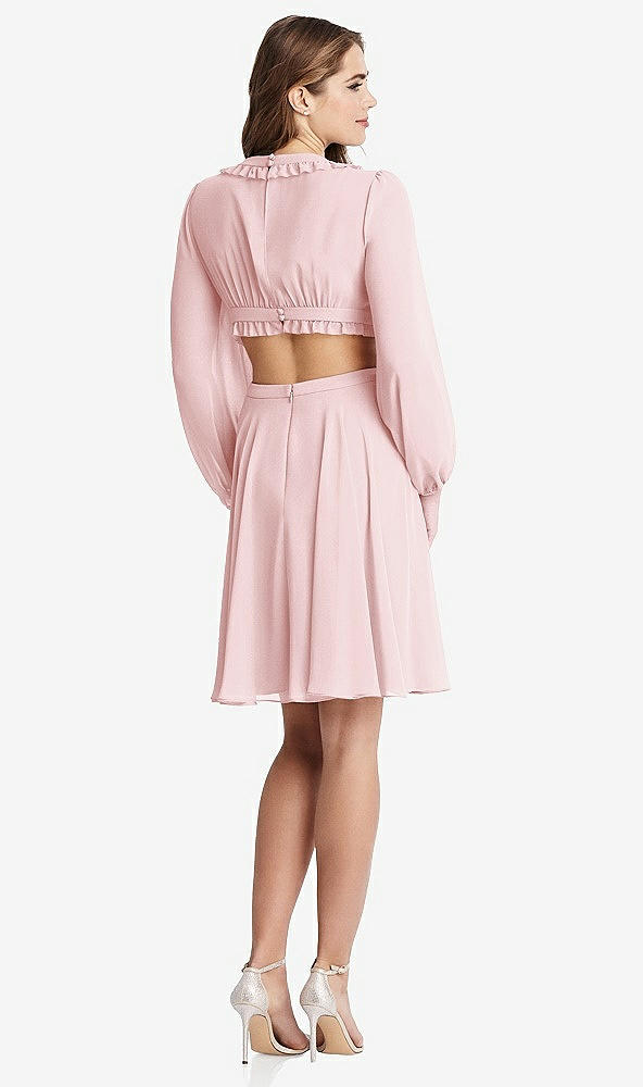 Back View - Ballet Pink Bishop Sleeve Ruffled Chiffon Cutout Mini Dress - Hannah