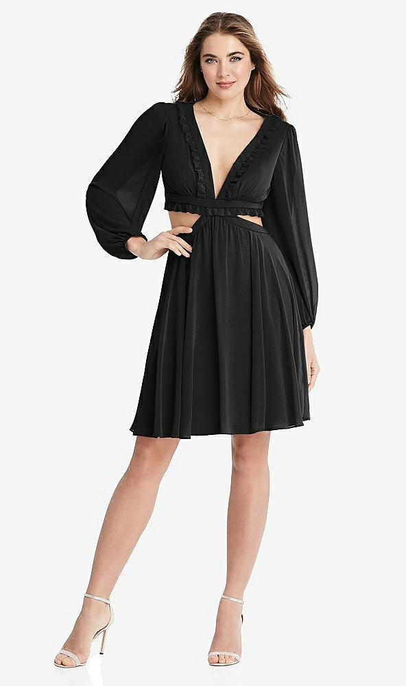 Front View - Black Bishop Sleeve Ruffled Chiffon Cutout Mini Dress - Hannah