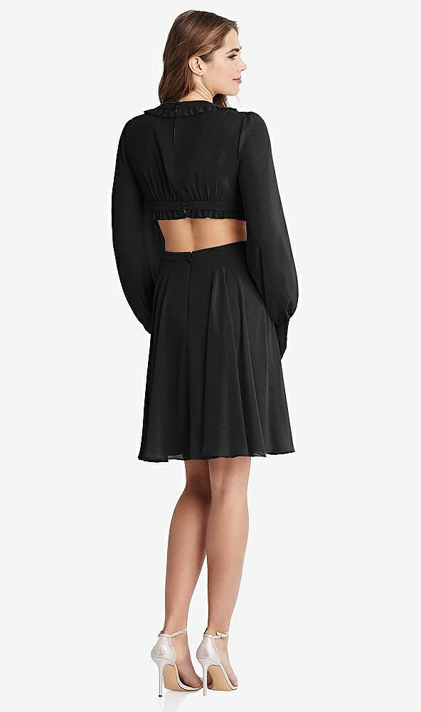 Back View - Black Bishop Sleeve Ruffled Chiffon Cutout Mini Dress - Hannah