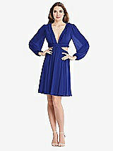 Alt View 1 Thumbnail - Cobalt Blue Bishop Sleeve Ruffled Chiffon Cutout Mini Dress - Hannah