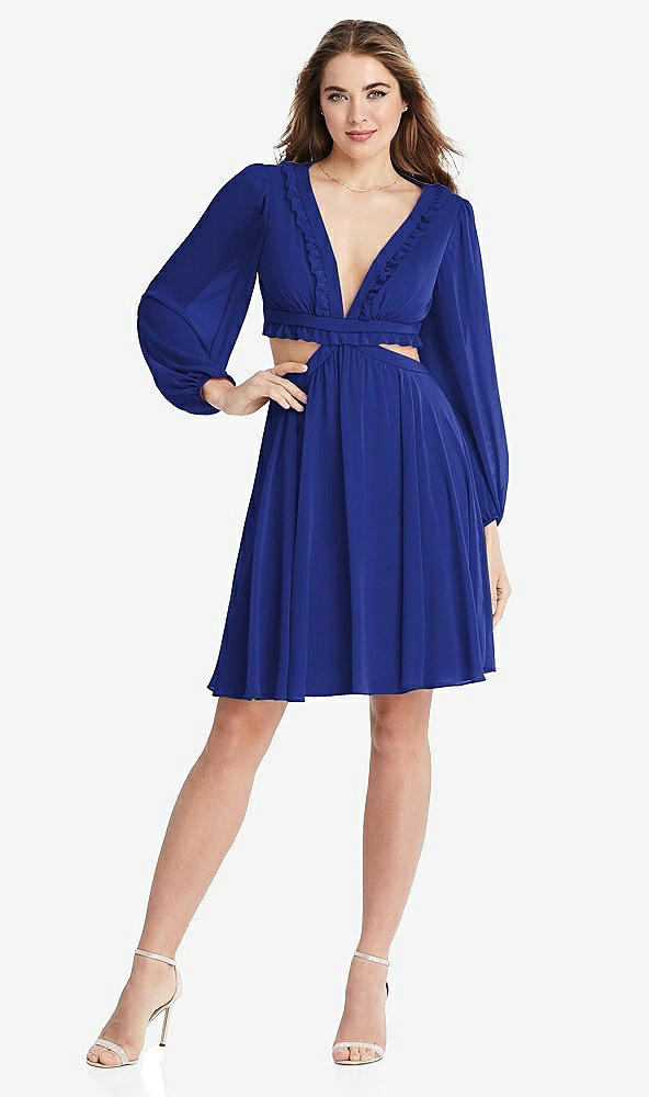 Front View - Cobalt Blue Bishop Sleeve Ruffled Chiffon Cutout Mini Dress - Hannah