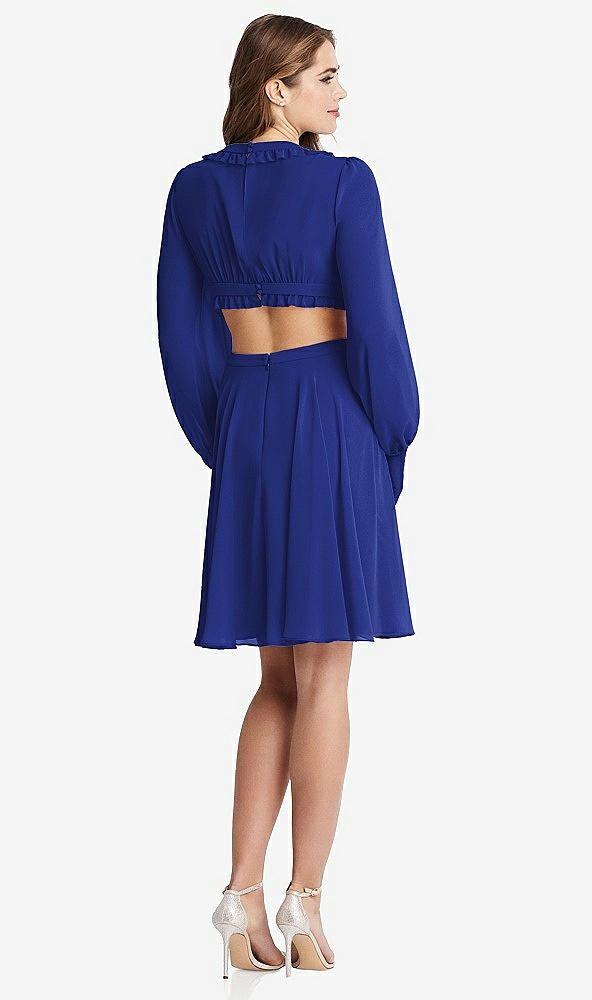 Back View - Cobalt Blue Bishop Sleeve Ruffled Chiffon Cutout Mini Dress - Hannah