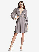 Front View Thumbnail - Cashmere Gray Bishop Sleeve Ruffled Chiffon Cutout Mini Dress - Hannah
