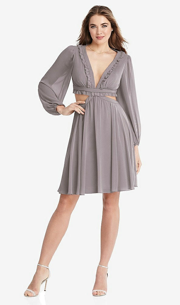 Front View - Cashmere Gray Bishop Sleeve Ruffled Chiffon Cutout Mini Dress - Hannah