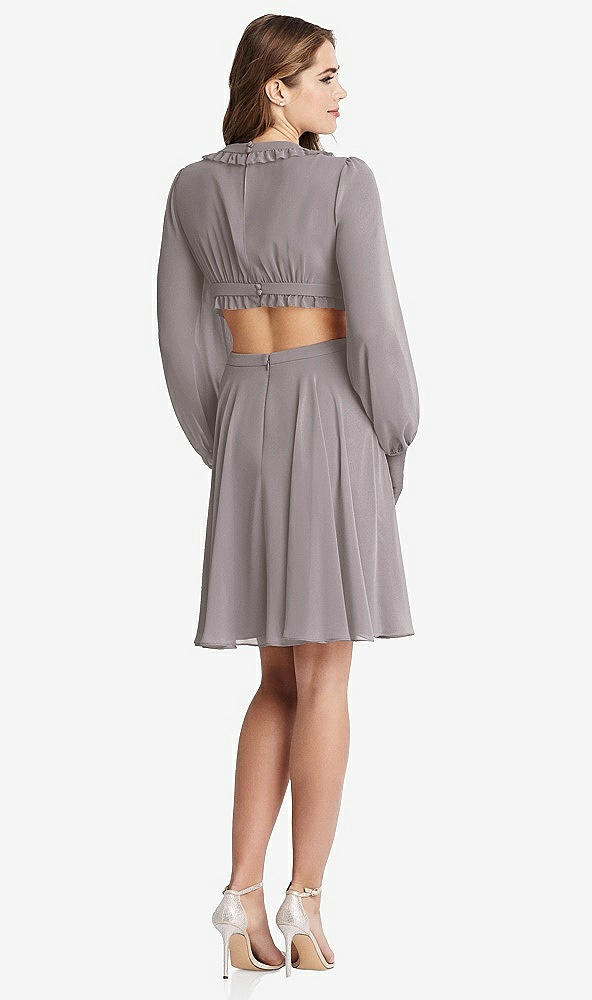 Back View - Cashmere Gray Bishop Sleeve Ruffled Chiffon Cutout Mini Dress - Hannah