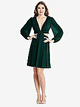 Alt View 1 Thumbnail - Evergreen Bishop Sleeve Ruffled Chiffon Cutout Mini Dress - Hannah