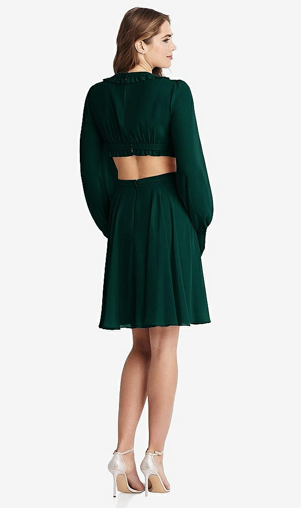 Back View - Evergreen Bishop Sleeve Ruffled Chiffon Cutout Mini Dress - Hannah