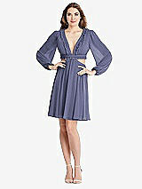 Alt View 1 Thumbnail - French Blue Bishop Sleeve Ruffled Chiffon Cutout Mini Dress - Hannah