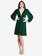 Alt View 1 Thumbnail - Hunter Green Bishop Sleeve Ruffled Chiffon Cutout Mini Dress - Hannah
