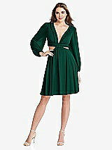 Front View Thumbnail - Hunter Green Bishop Sleeve Ruffled Chiffon Cutout Mini Dress - Hannah
