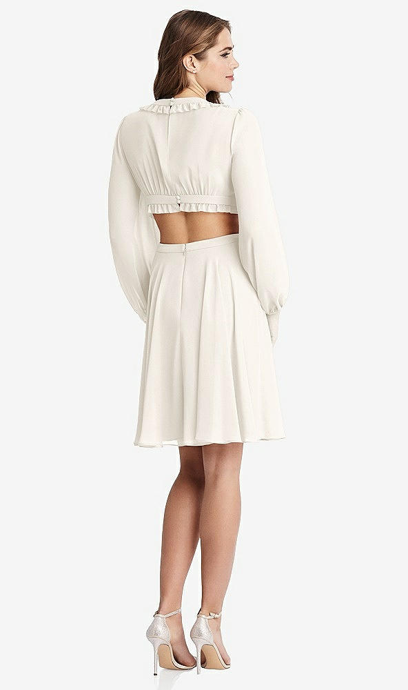 Back View - Ivory Bishop Sleeve Ruffled Chiffon Cutout Mini Dress - Hannah