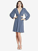 Alt View 1 Thumbnail - Larkspur Blue Bishop Sleeve Ruffled Chiffon Cutout Mini Dress - Hannah