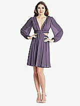 Alt View 1 Thumbnail - Lavender Bishop Sleeve Ruffled Chiffon Cutout Mini Dress - Hannah