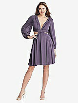 Front View Thumbnail - Lavender Bishop Sleeve Ruffled Chiffon Cutout Mini Dress - Hannah