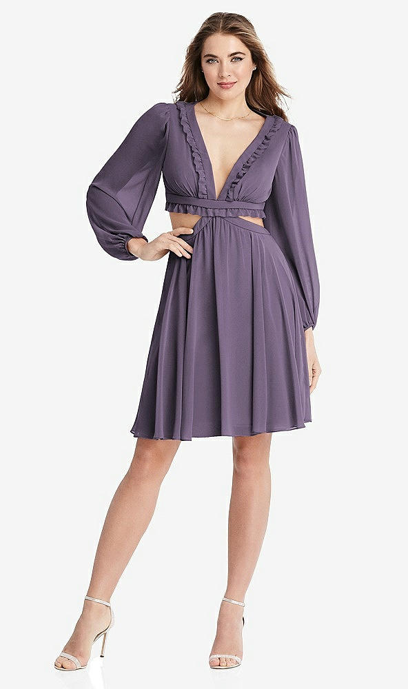 Front View - Lavender Bishop Sleeve Ruffled Chiffon Cutout Mini Dress - Hannah